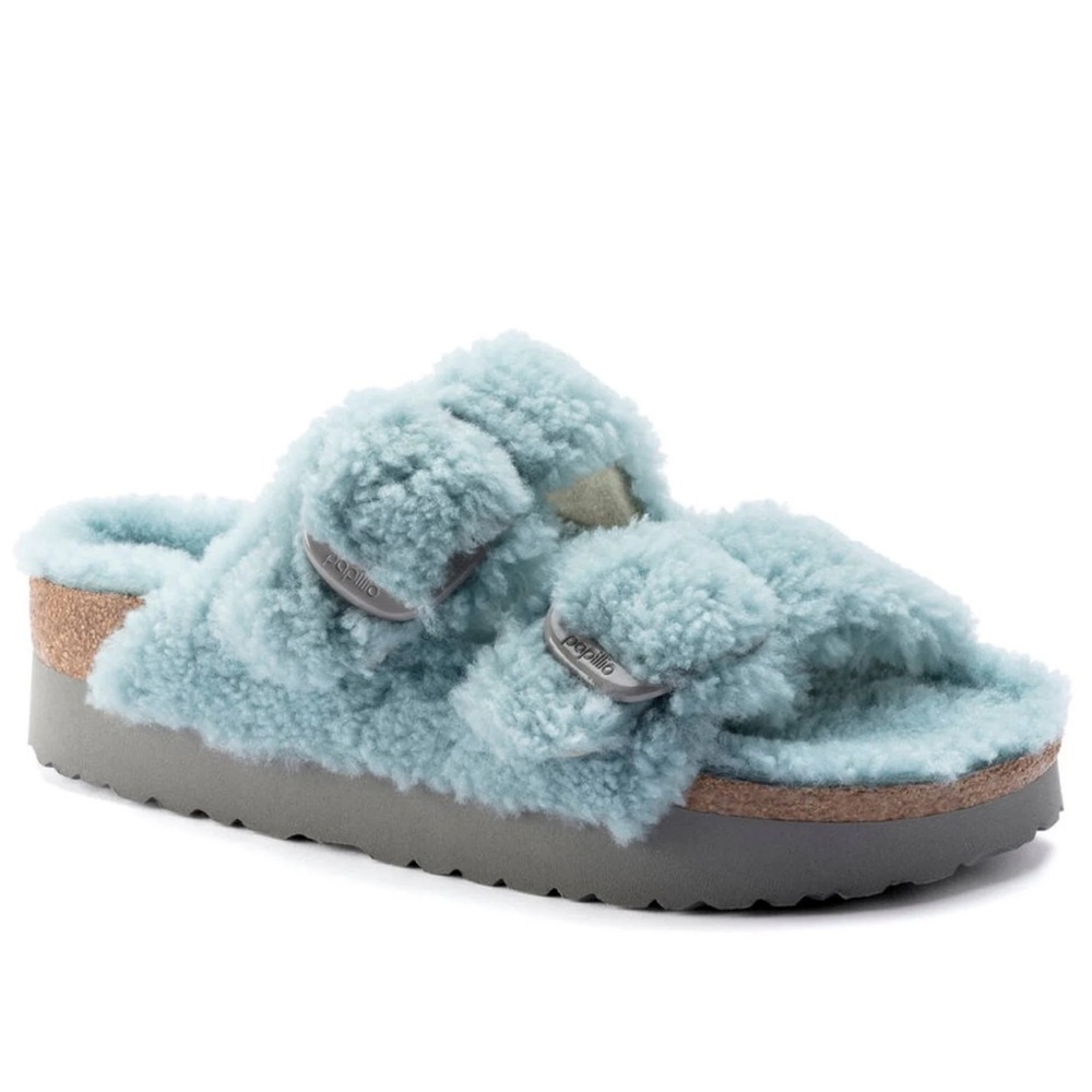 Birkenstock Arizona Teddy Shearling Platform Sandals Blue Big Buckle 40 US 9 NEW